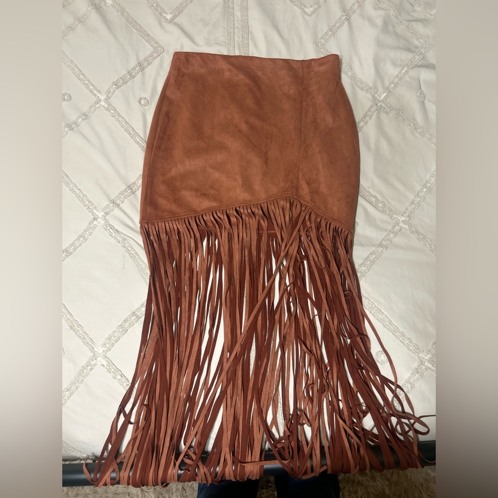 Windsor Suede Fringe Skirt in Rust